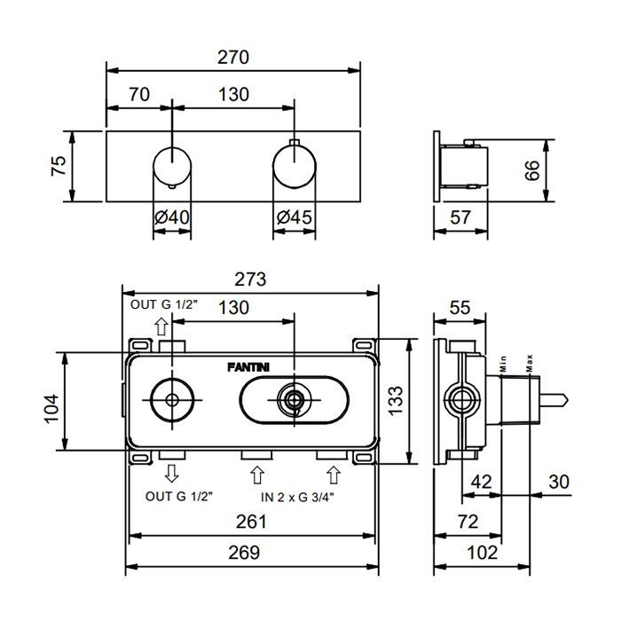 Fantini Nostromo Термостатический встраиваемый смеситель для душа на 2 потока , с поворотной ручкой, цвет Matt British Gold PVD
