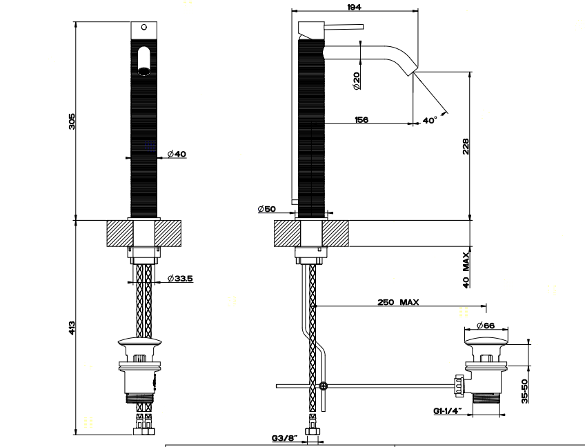 GESSI 316 Смеситель для раковины на 1 отверстие, высокий, h=305мм, с донным клапаном, излив 156мм, цвет: steel brushed