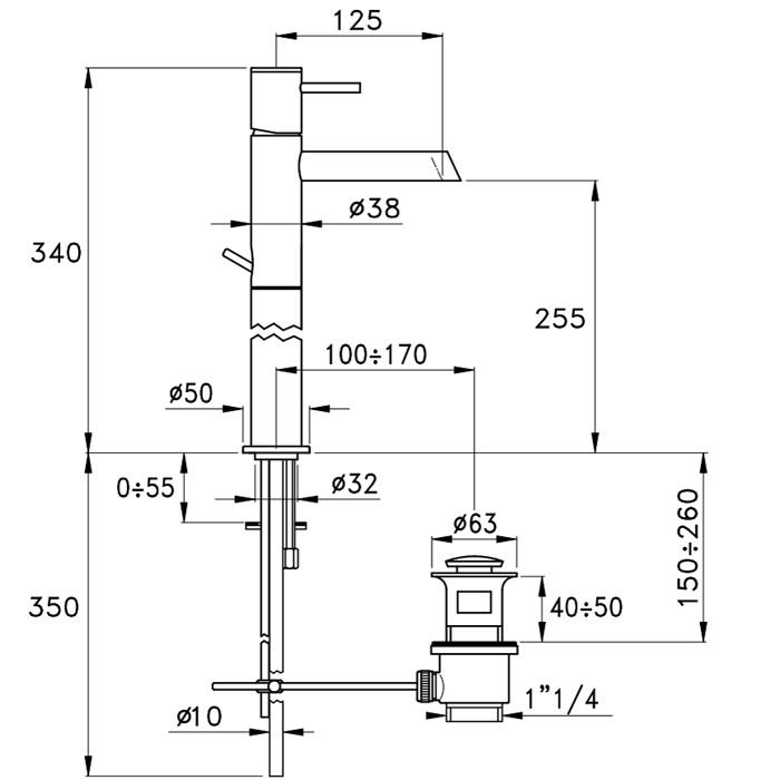 Stella Lucilla Смеситель для раковины на 1 отверстие (высокий) 3224HP170, длина излива 125мм, с донным клапаном, цвет: хром