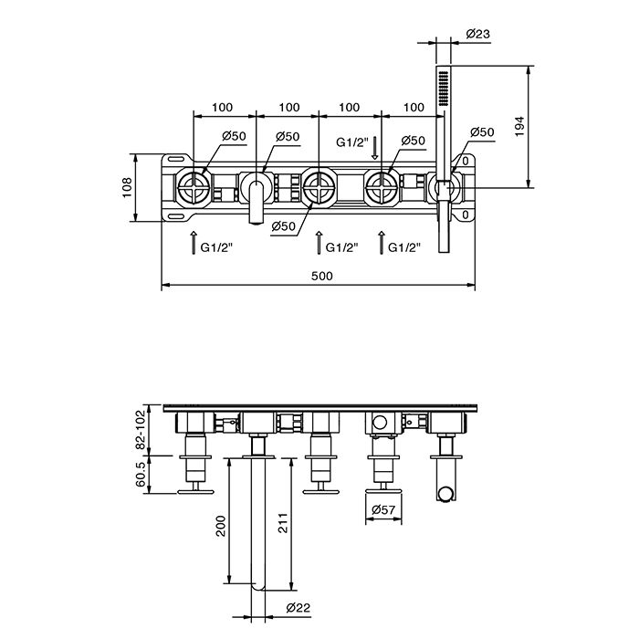 Fantini Fontane Bianche Смеситель для ванны, встраиваемый, излив 200мм, с ручн.душем, (наружняя часть), цвет: Matt Gun Metal PVD