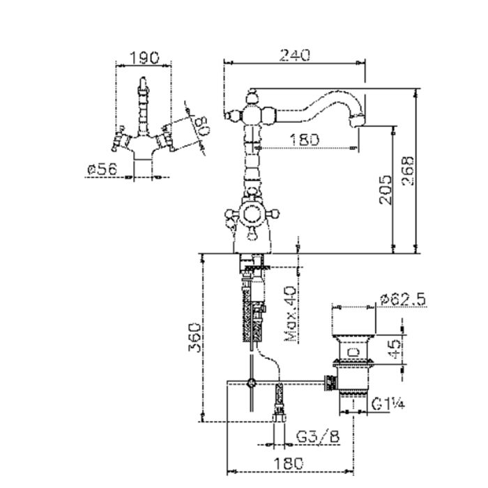HUBER Victorian Термостат двухвентильный для раковины на 1 отверстие с донным клапаном и поворотным изливом, цвет бронза