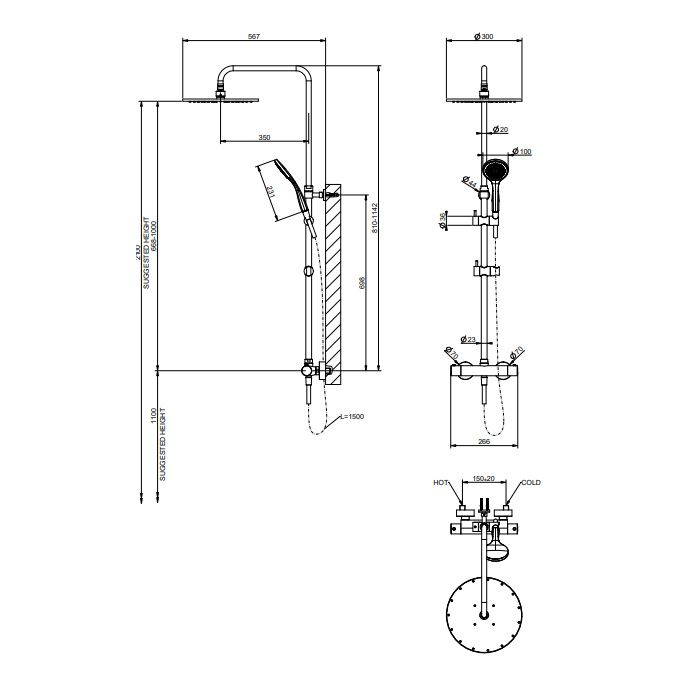 GESSI MINIMALISTIC SHOWER Душевая стойка с термостатическим смесителем, верхним душем Ø300 мм., ручным душем и шлангом 1500 мм., цвет хром
