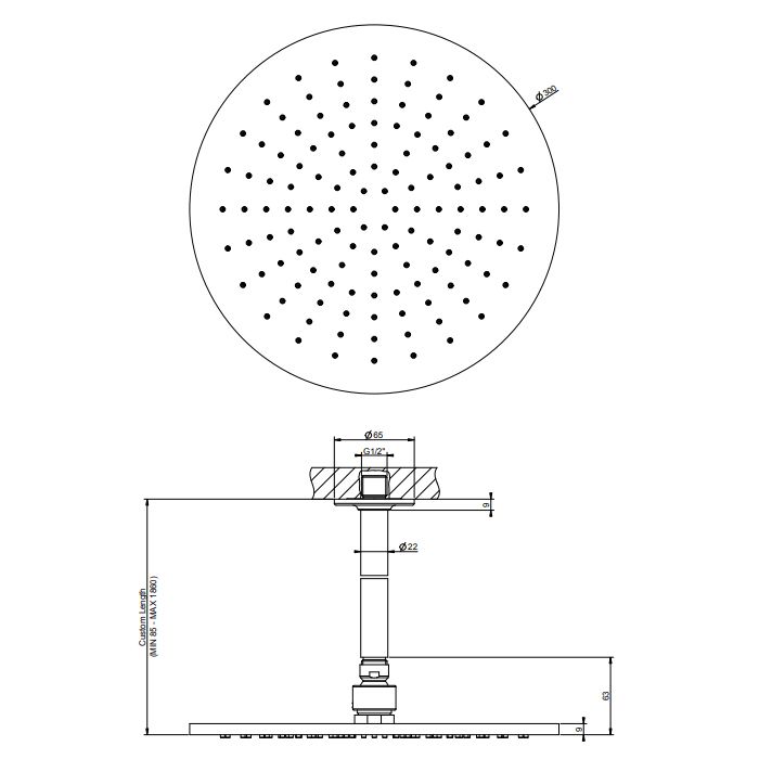 GESSI INCISO Потолочная душевая головка шарнирная на 1/2'', Ø300мм, длина изготавливается под заказ (от 105 до 1855 мм), цвет: золото