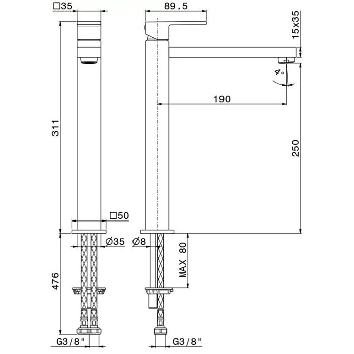 Однорычажный смеситель для раковины FUTURA, высокий, без донного клапана 3/8,  хром