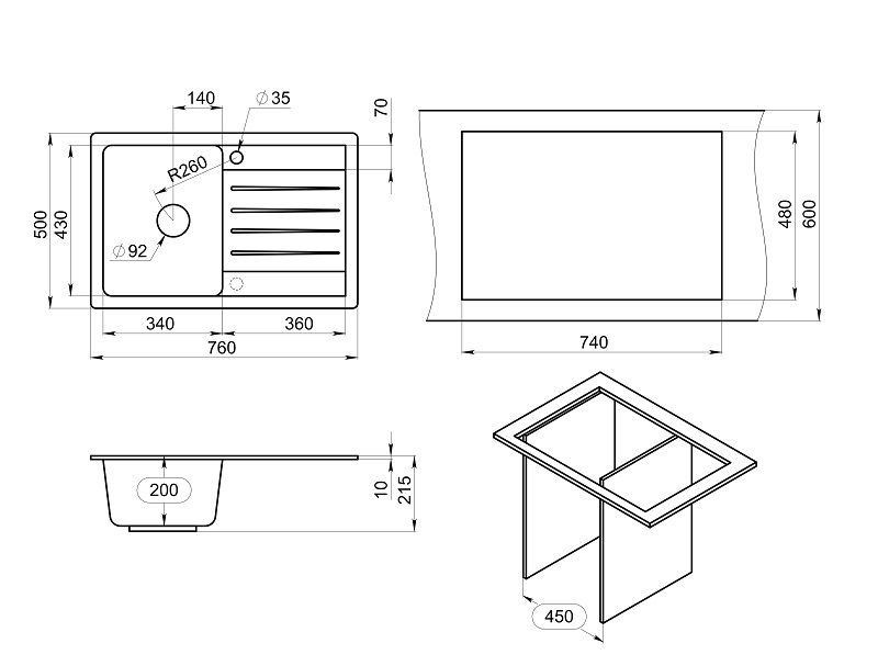 Кухонная мойка GRANULA Standart (7602, ГРАФИТ), артикул 7602, ГРАФИТ