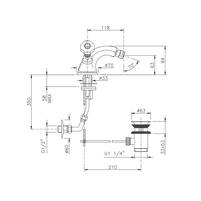 Nicolazzi Teide Chic Смеситель для биде с 2мя ручками, с донным клапаном, излив: 118мм, цвет:  хром