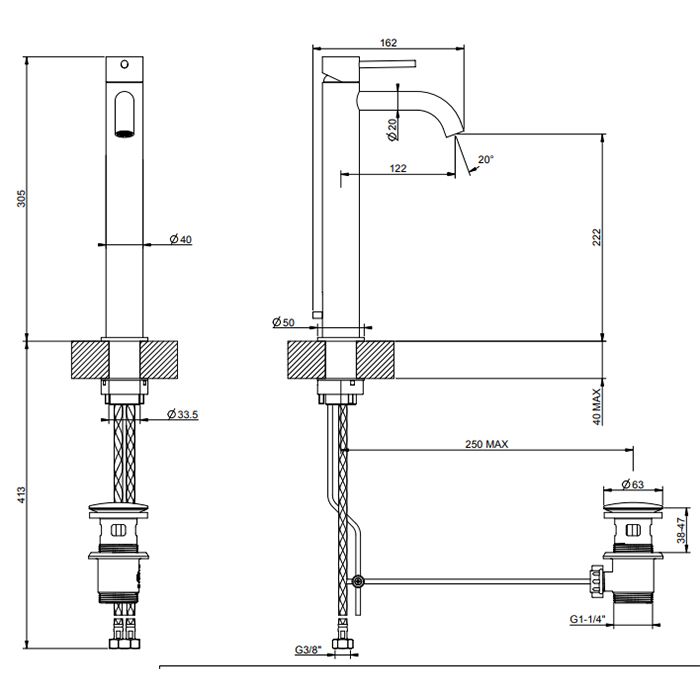 GESSI 316 Смеситель для раковины на 1 отверстие, высокий h=305мм,  с донным клапаном, излив 123мм, цвет: brushed black metal pvd