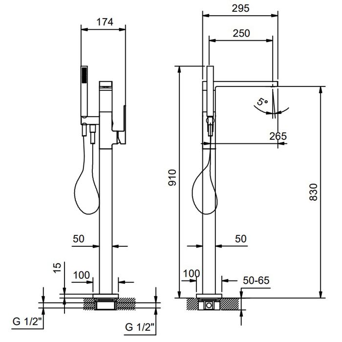 Fantini Mint Смеситель для ванны, напольный, с ручн душем, излив 250мм, с ручн.душем, (наружняя часть), цвет: хром