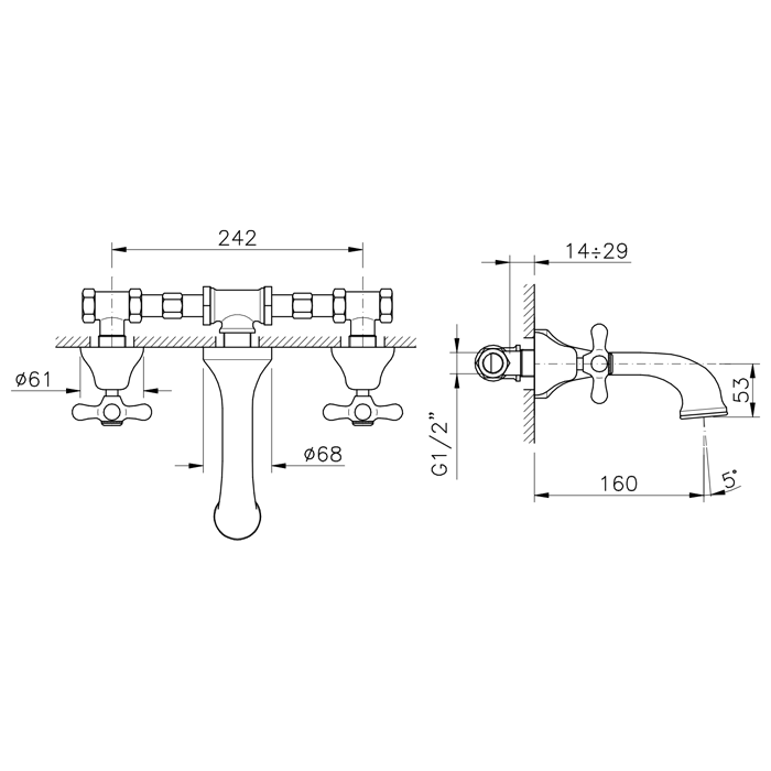 Nicolazzi Nuova Brenta Смеситель для раковины с 2мя ручками, настенный, излив: 160мм, цвет: хром