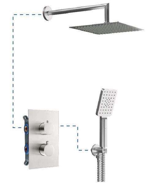 AQG Alpha, душевой комплект на 2 потребителя с термостатом, с квадратным верхним душем 25х25 см и кронштейном, цвет никель сатин (PVD)