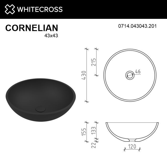 Умывальник WHITECROSS Cornelian D=43 (черный мат) иск. камень