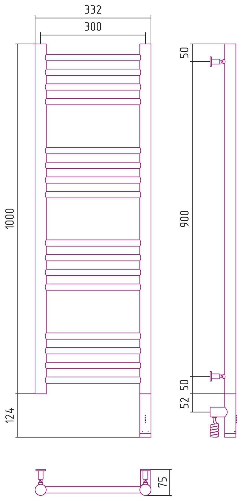 Полотенцесушитель электрический "БОГЕМА 3.0" прямая 1000х300 / МЭМ правый (Матовая шампань)