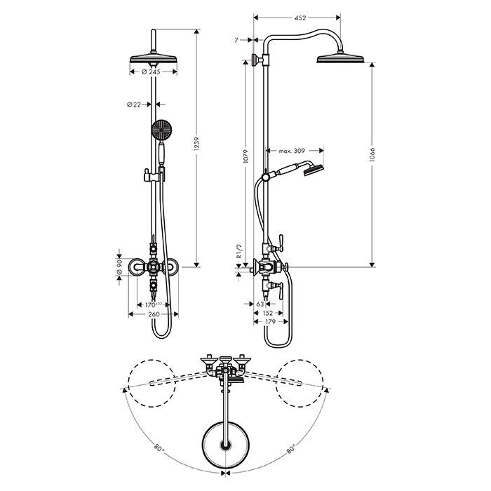 Axor Montreux Showerpipe Душевая стойка с термостатом и верхним душем 1jet, душ: d240 мм, шлангом и ручным душем, цвет: шлифованное золото Axor Montreux Showerpipe Душевая стойка с термостатом и верхним душем 1jet, душ: d240 мм, шлангом и ручным душем, цвет: шлифованное золото