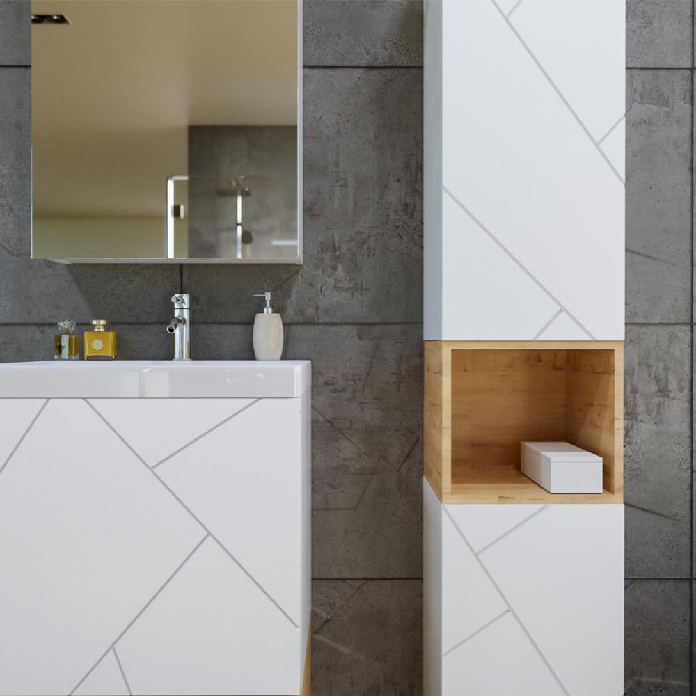 Тумба с раковиной и нишей Бриклаер КРИСТАЛЛ 50B, белый/дуб бунратти, артикул КРИСТАЛЛ 50B