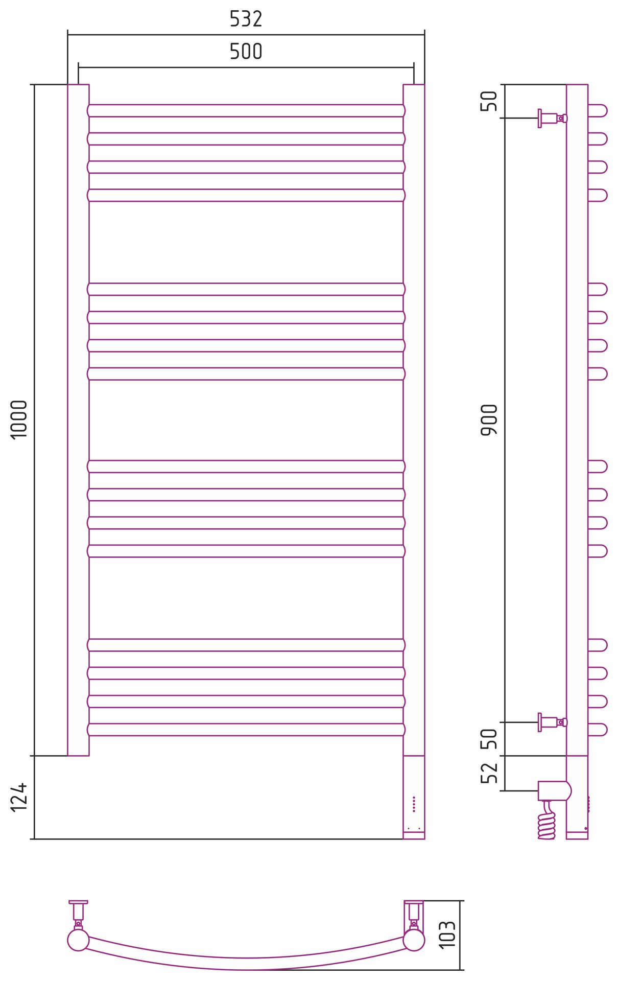 Полотенцесушитель электрический "БОГЕМА 3.0" 1000х500 / МЭМ правый (Тёмный титан муар)