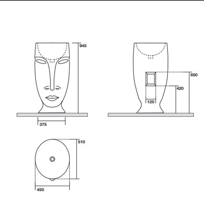 Kerasan Artwork Раковина свободностоящая "MOLOCO", с отверстием для слива в стену, цвет белый/античная платина