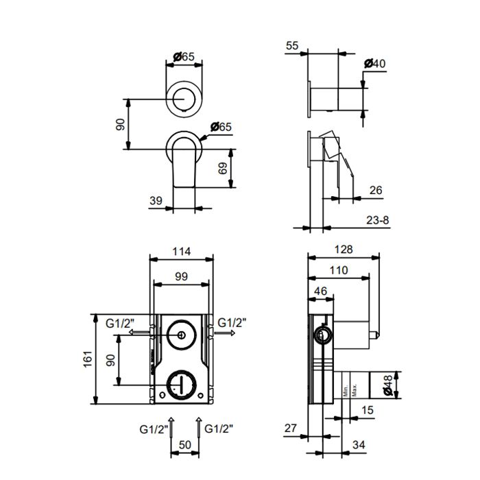 Смеситель для душа, Fantini, Myo, монтаж-вертикальный встраиваемый (настенный), в комплекте-ручки, переключатель на 2 потока с поворотной кнопкой, впуски 1/2'', цвет-хром