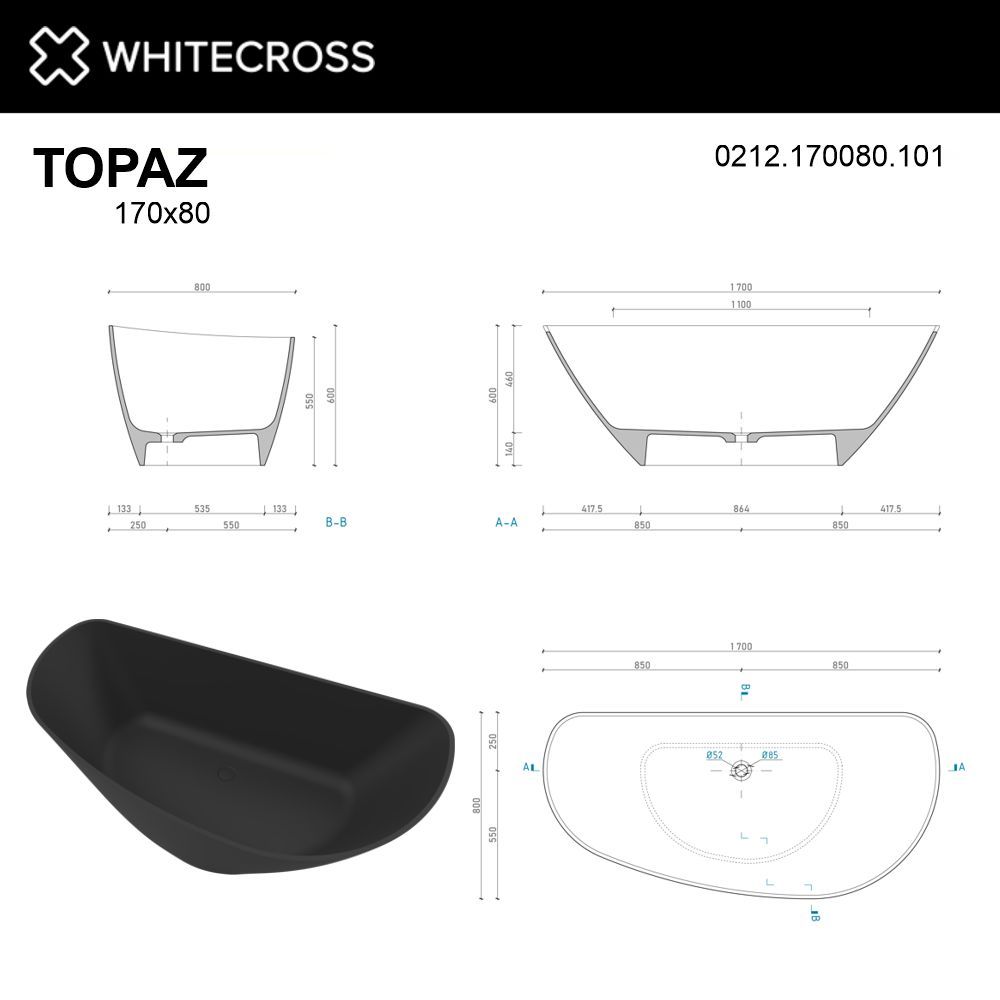 Ванна WHITECROSS Topaz 170x80 (черный глянец) иск. камень