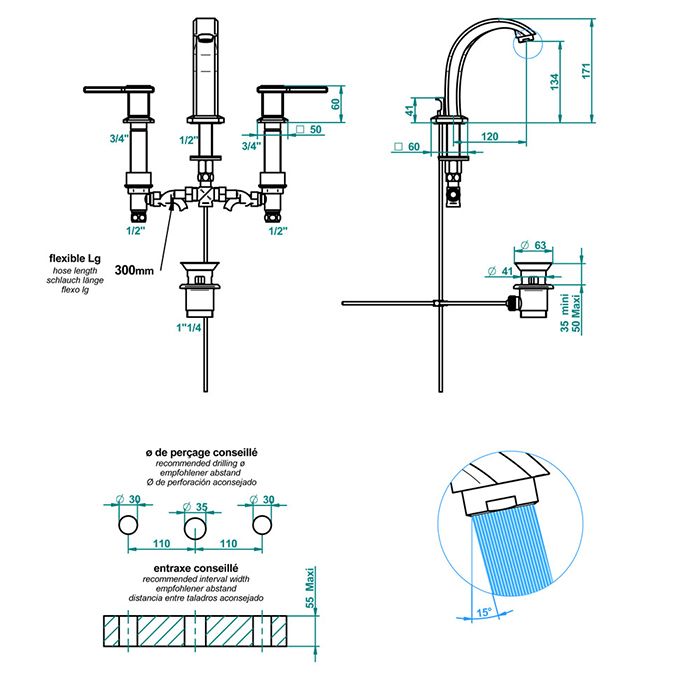 THG METROPOLIS CRISTAL NOIR A MANETTES Смеситель для раковины на 3 отверстия, для установки на мраморную столешницу, с донным клапаном, цвет хром