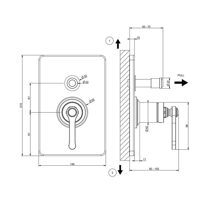 GESSI VENTI20 Смеситель встраиваемый, однорычажный, с переключателем на 2 положения, внешняя часть, цвет Copper Brushed PVD