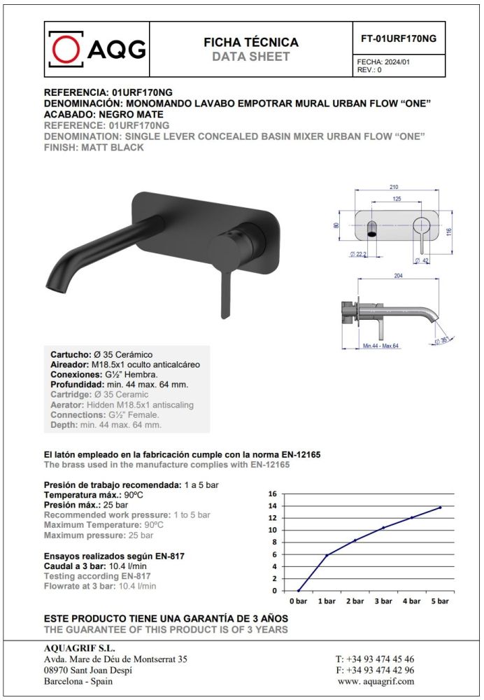 AQG Urban Flow One, встраиваемый в стену однорычажный смеситель для раковины, цвет черный матовый, артикул 01URF170NG
