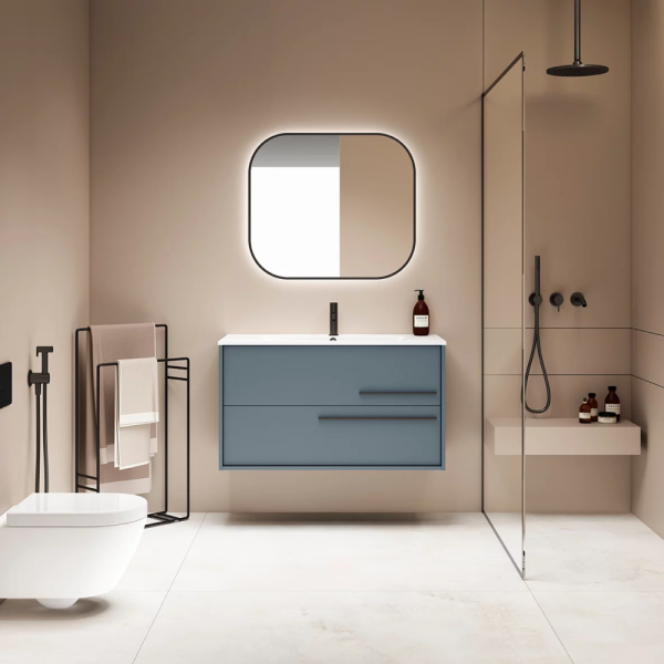 Visobath Aqua, тумба 100 см, 2 ящика c ручками графит, цвет светло-синий матовый (Avio)