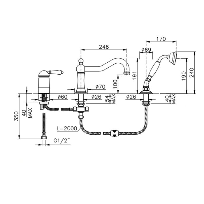 Nicolazzi El Capitan Смеситель на борт ванны на 3 отверстия, с изливом 246мм и ручным душем, цвет: Bronze Plated