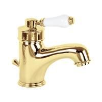 ERMITAGE Смеситель для раковины моноком., ручка сверху белая, золото