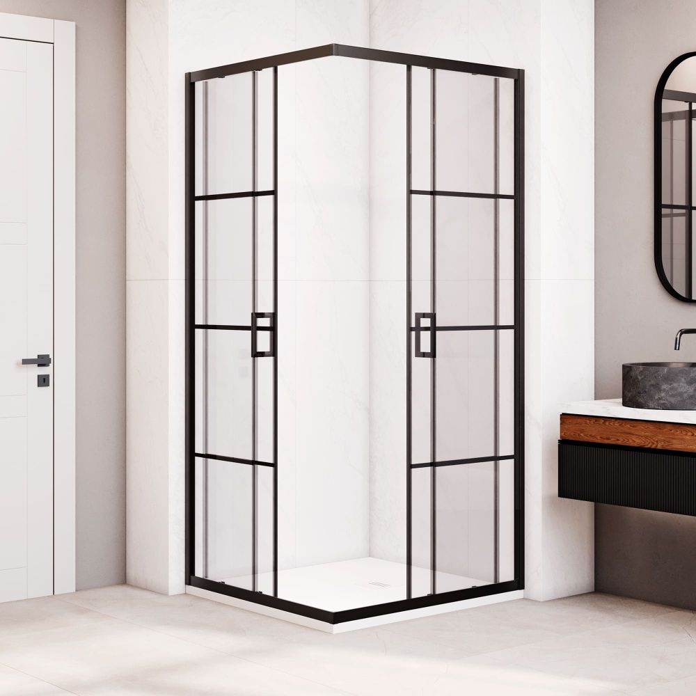 Душевой уголок квадратный с раздвижными дверями - RGW PA-34B (Рисунок-черный принт (по периметру профиль), 900x900)