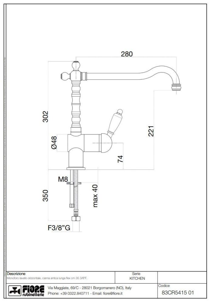 Fiore Imperiale, однорычажный смеситель для кухни (излив 28 см), без донного клапана, цвет золото