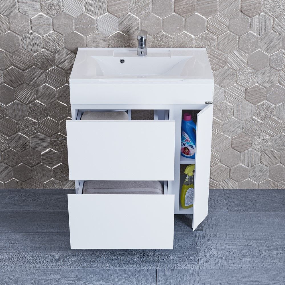 Тумба под раковину Санта Марс 65 см, 700250, 2 ящика, 1 дверь, напольная, белый (ум. Elen 65 литой мрамор)