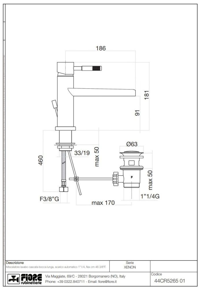 Fiore Xenon, однорычажный смеситель для раковины с каскадным изливом и донным клапаном, излив 186мм, цвет хром