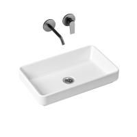 Комплект 3 в 1 Lavinia Boho Bathroom Sink Slim 21510028, накладная фарфоровая раковина 55 см, встраиваемый смеситель со скрытым механизмом, пластиковый сифон