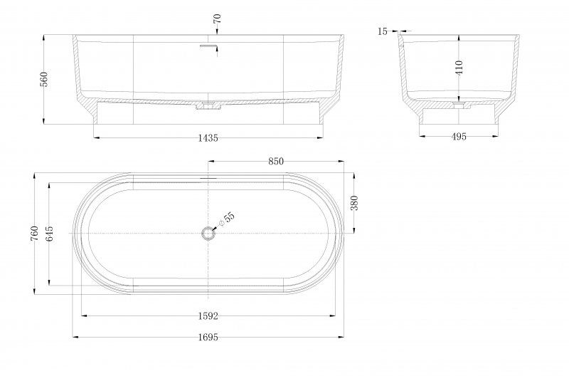 Ванна из искусственного камня Solid Surface 1700x760x560, CEZARES CZR-LINER-170-76-56-SSB, артикул CZR-LINER-170-76-56-SSB