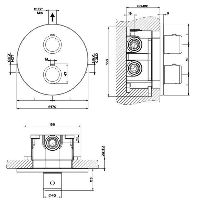 Gessi Goccia Встраиваемый термостат, подключение на 3/4”(внешние части), цвет: шлифованный хром