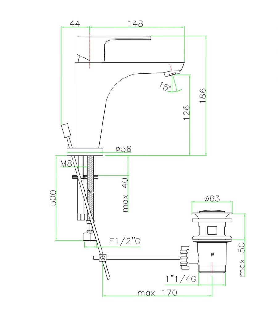 Fiore Kera, однорычажный смеситель для раковины с донным клапаном, цвет хром