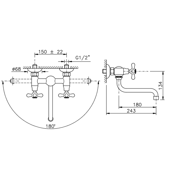Nicolazzi Nuova Brenta Смеситель для раковины с 2мя ручками, настенный, цвет: бронза