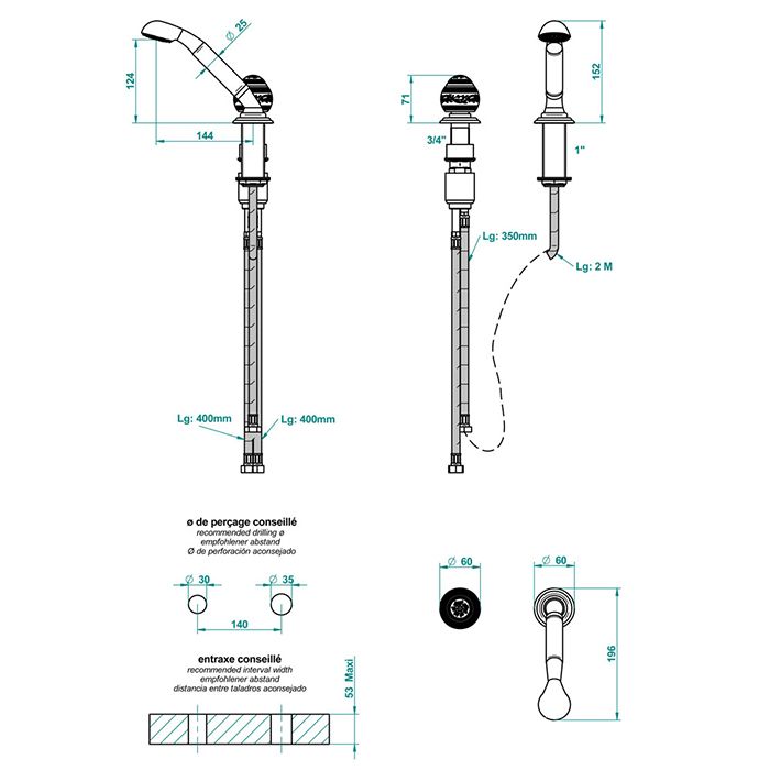 THG MARQUISE BLANC DECOR PLATINE Смеситель на борт ванны на 2 отв, прогрессивный, без излива, с ручным душем, ручки белые, декор платина, цвет хром