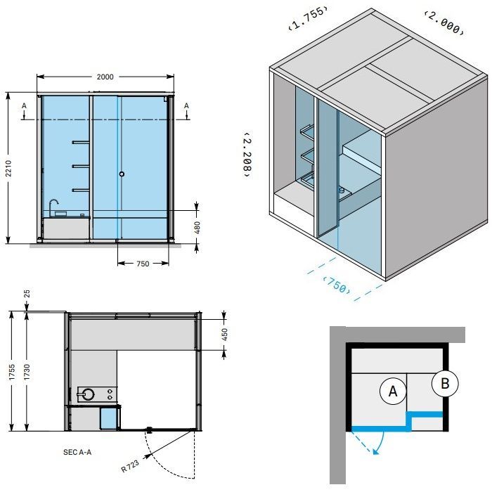 Effegibi BodyLove H Хаммам 200x176xh220 см, размещение в угол R.H., S.X., отделка керамогранит Champagne, наружные стены керамогранит Champagne