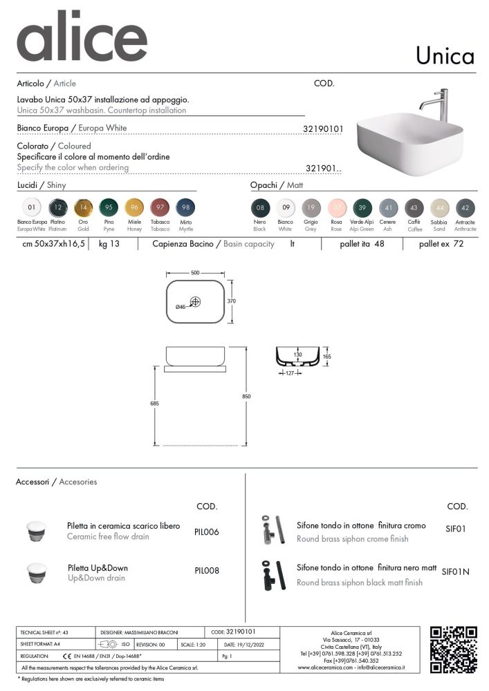Alice Unica, накладная прямоугольная раковина с закругленными краями 50x37x16h см, цвет серый матовый, артикул 32190119