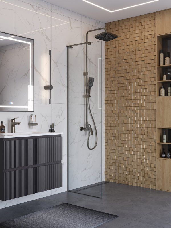 UNO-L-1-TB-90-BR-GM Душевая перегородка универсальная с односторонним входом, стекло бронза, профиль Оружейная сталь, 900x2000 мм, артикул UNO-L-1-TB-90-BR-GM