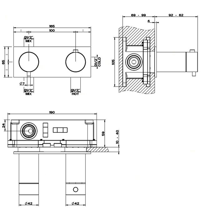 GESSI 316 Термостатический смеситель, с подключением на 3/4”, фильтр, на 2 источника (внешняя часть), цвет: steel brushed