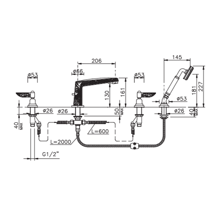 Nicolazzi Liberty Смеситель на борт ванны, 4 отв., излив: 206 мм, с ручным душем, цвет: хром