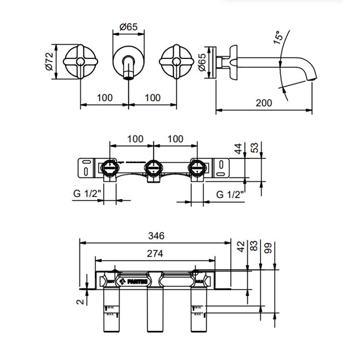 Fantini Icona Classic Смеситель для раковины, встраиваемый, на 3 отв, без дон.клапана, излив 200мм (наружняя часть), цвет: черный матовый