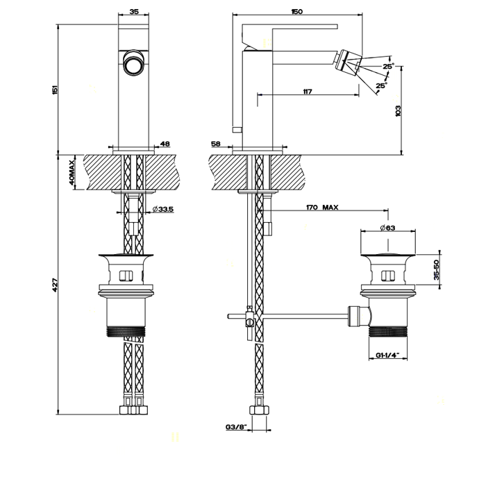 Gessi Rettangolo Смеситель для биде на 1 отверстие, с донным клапаном, цвет: хром