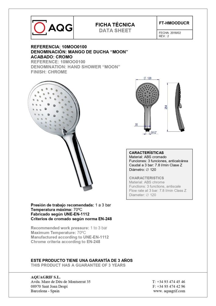 AQG, ручной душ WIND BLU RD, цвет хром, артикул 10MOO0100