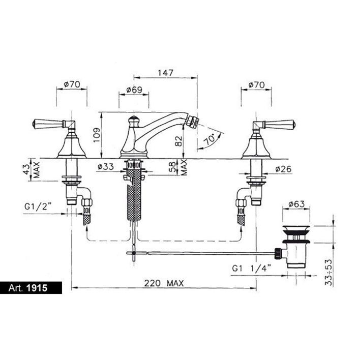 NICOLAZZI TEIDE CRYSTAL Смеситель для биде на 3 отверстия, двухвентильный, в комплекте с донным клапаном, цвет Gold