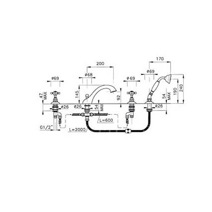 Nicolazzi P.m. Blanc Смеситель на борт ванны на 4 отв, с ручным душем, ручки белая керамика, цвет: тёмная бронза, артикул 1404BZ78
