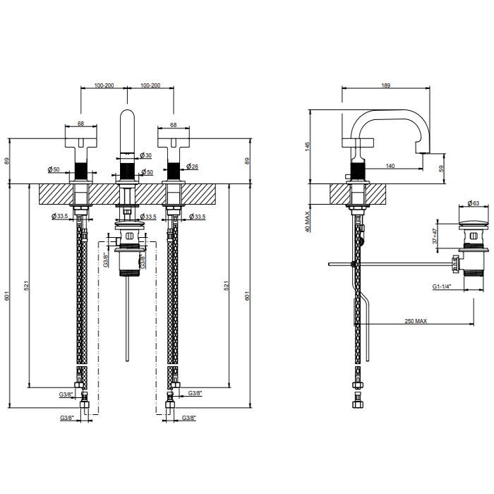 GESSI INCISO Смеситель для раковины на 3 отверстия с донным клапаном, излив 140мм, h=145мм, цвет: хром