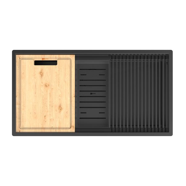 Кухонная мойка Lemark TABAGA 820 прямоугольная из нержавеющей стали с аксессуарами в комплекте: ролл-мат, коландер, разделочная доска цвет: чёрный матовый (9932136)